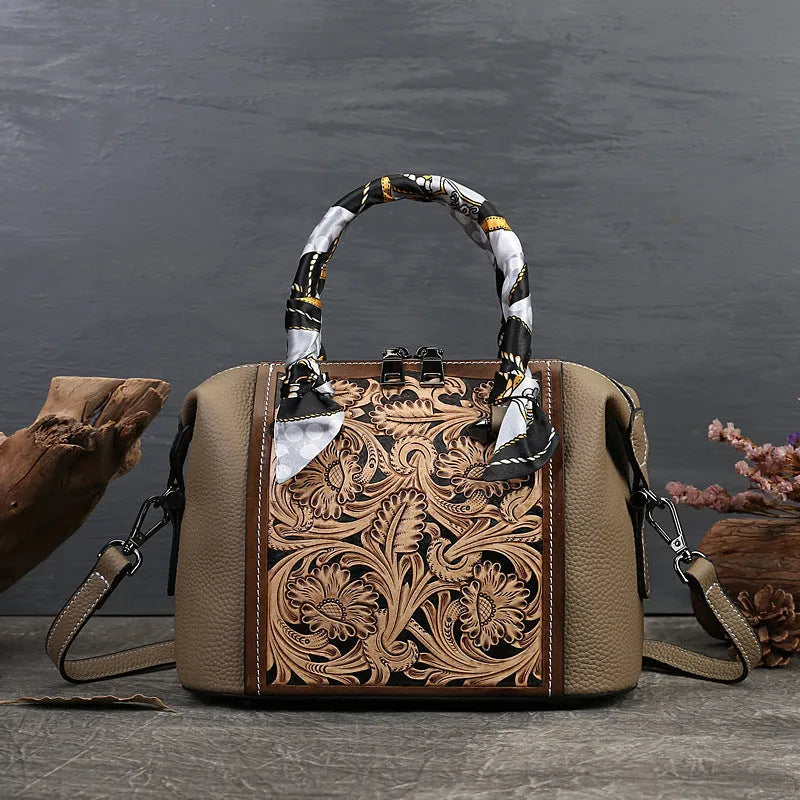 Vintage style leather messenger bag in horizontal square shape with multiple interior compartments