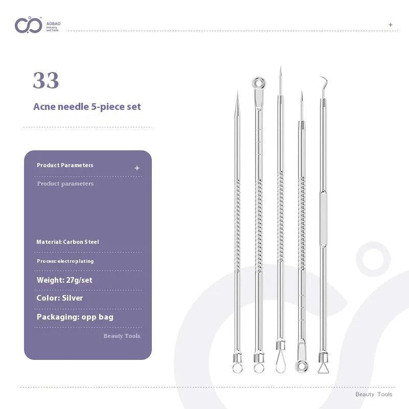 Four-piece stainless steel acne needle set with ultra-fine pointed tips and extraction clip on silver background