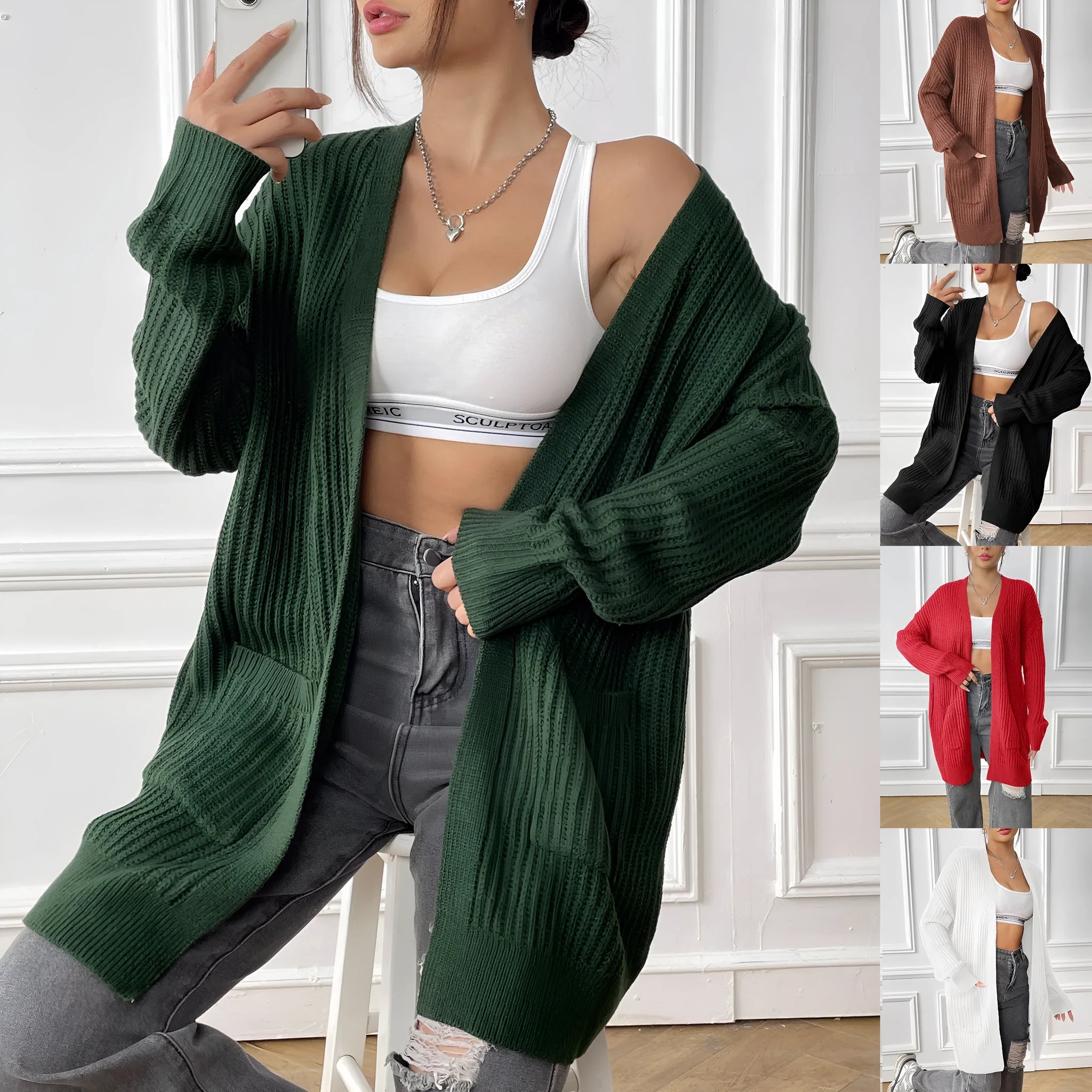 Women's double pocket cardigan in acrylic fabric showing loose fit and 65cm length