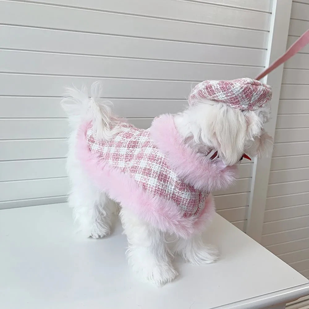 Pink polyester cat clothing set with beret and cape, showing chest and back traction design