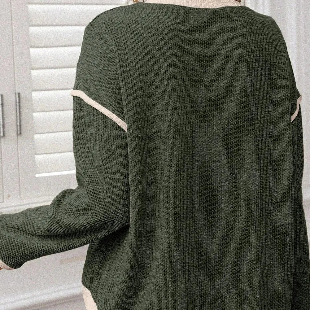 Women's Four Leaf Clover colour drop shoulder loose knit top with contrast trim