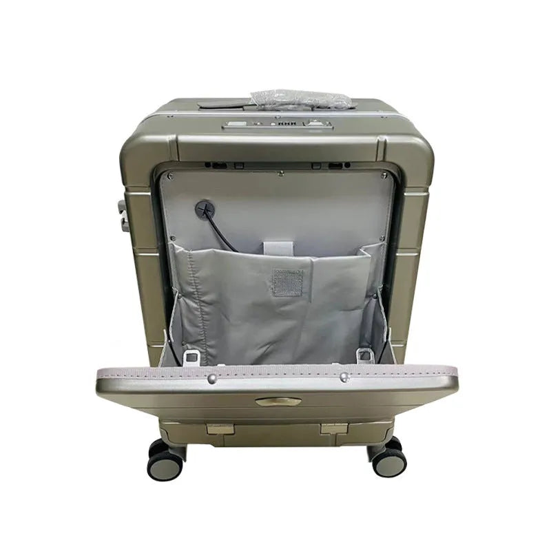 20-inch front opening suitcase in black showing separate dry and wet compartments with universal wheels