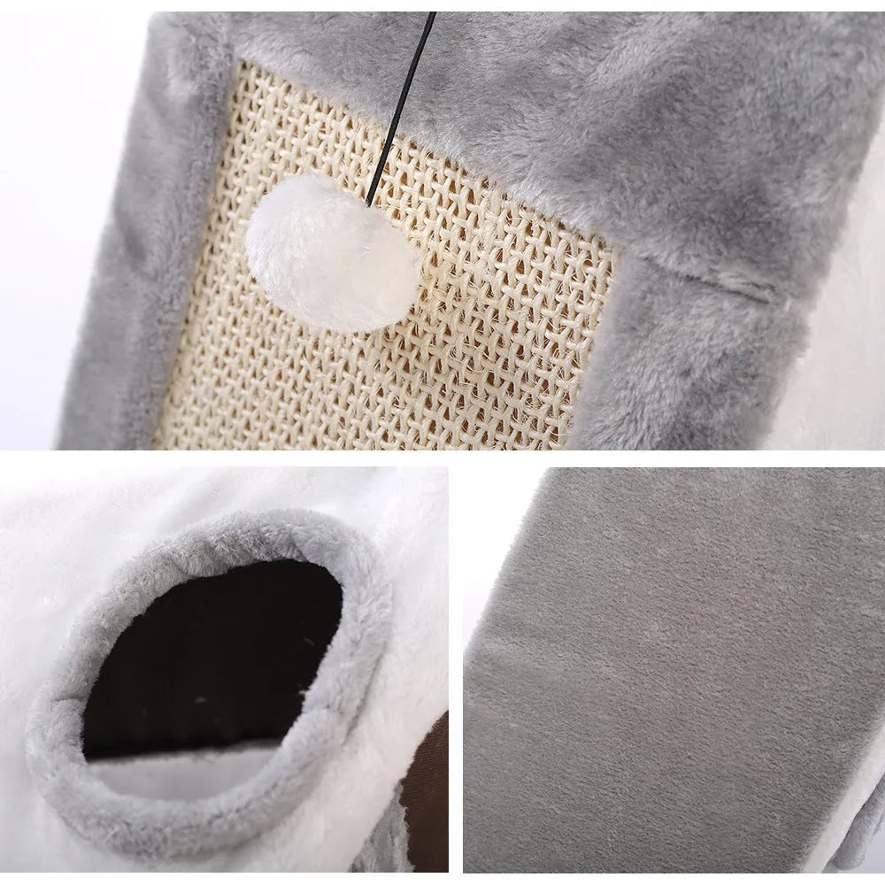 Grey and white triangle cat scratcher bed with sisal scratching surfaces and fur-lined sleeping area