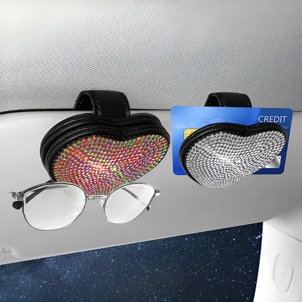 PU leather car sun visor organiser clip with magnetic sunglasses holder and document slot in diamond-pattern colour
