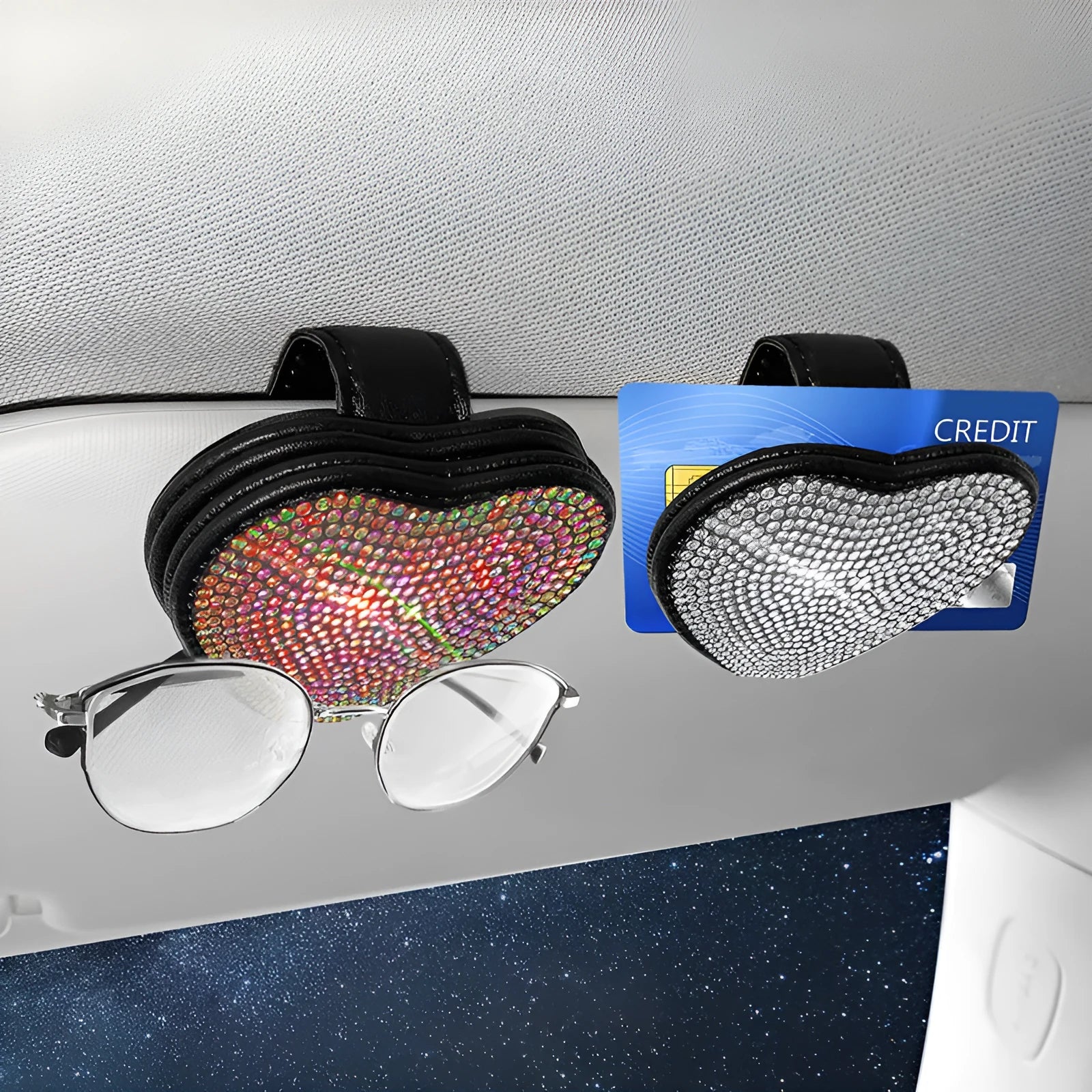 PU leather car sun visor organiser clip with magnetic sunglasses holder and document slot in diamond-pattern colour