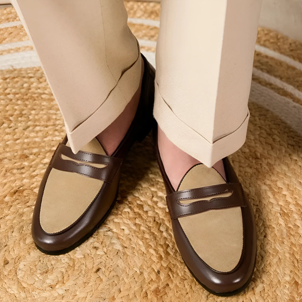 Men's coffee-grey suede slip-on loafers with a high-gloss finish and rubber sole.
