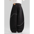 Black straight-leg polyester denim trousers with micro-elastic waist and zip fly placket