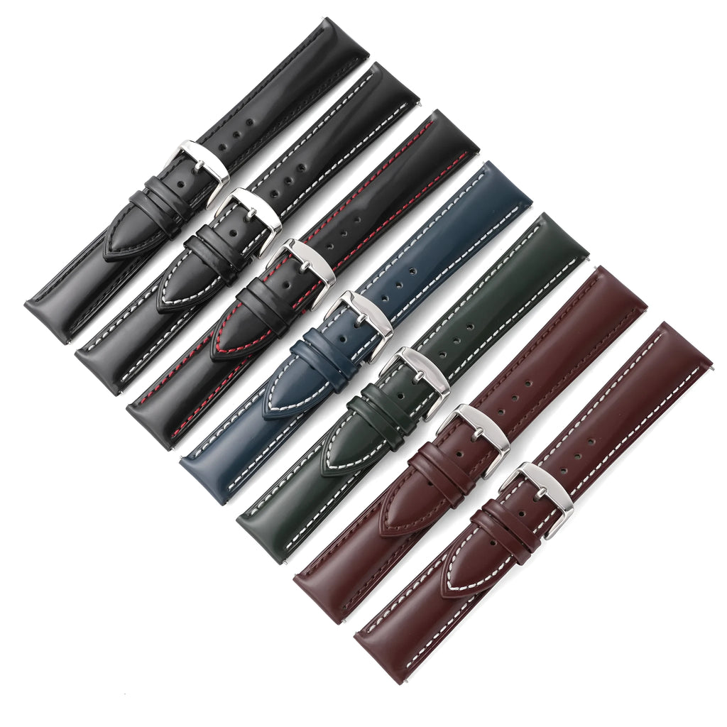 Quick release leather watch strap in bright cowhide, shown in multiple colour and width options.