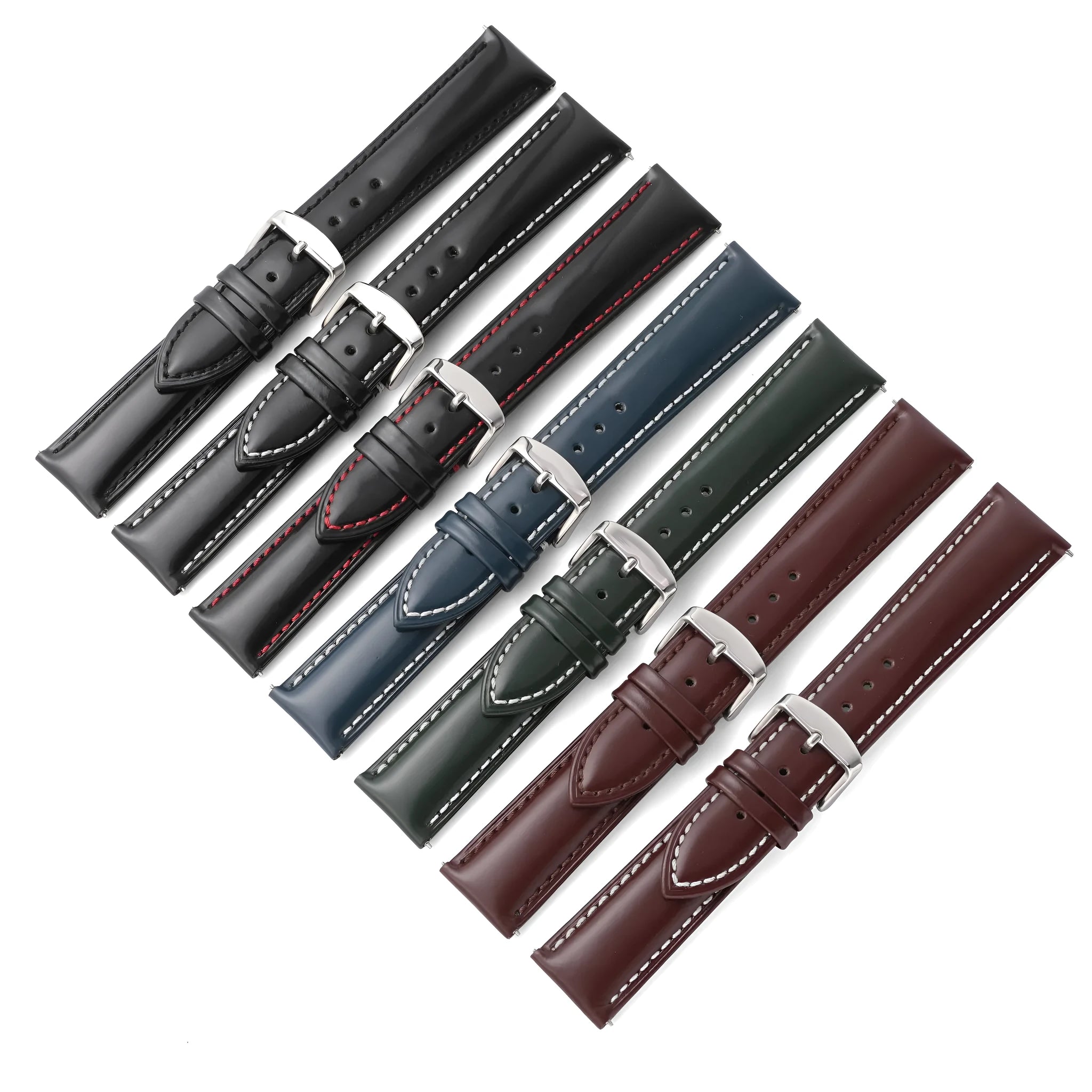 Quick release leather watch strap in bright cowhide, shown in multiple colour and width options.