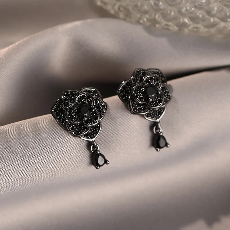 18K black rose zircon flower stud earrings for women, copper electroplated with cubic zirconia