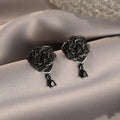 18K black rose zircon flower stud earrings for women, copper electroplated with cubic zirconia