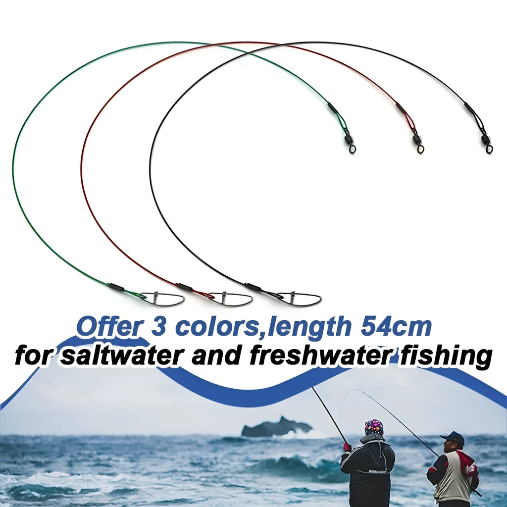 Ten coiled green steel wire fishing traces with double buckle pins, each measuring 54cm long.