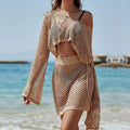 Women's khaki bell sleeve sun protection suit with hollow out pattern and matching skirt