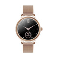 AK38 ladies smart watch with stainless steel band showing on wrist, screen displaying time.