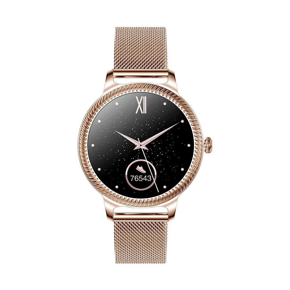 AK38 ladies smart watch with stainless steel band showing on wrist, screen displaying time.