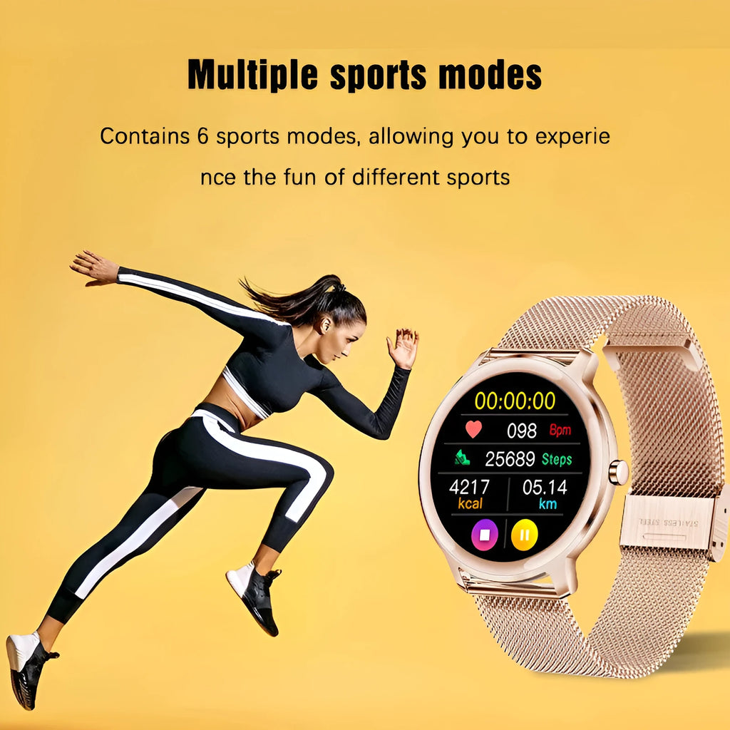 Women's silver smartwatch with stainless steel mesh band and round touch screen on a wrist.