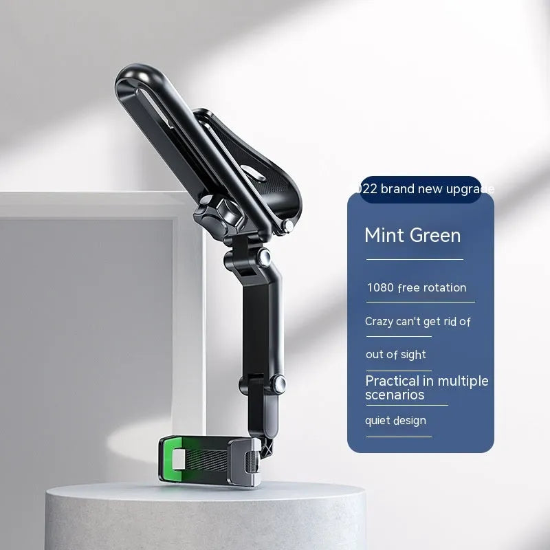 Car multi-function mobile phone bracket in black and green clip mounted on dashboard
