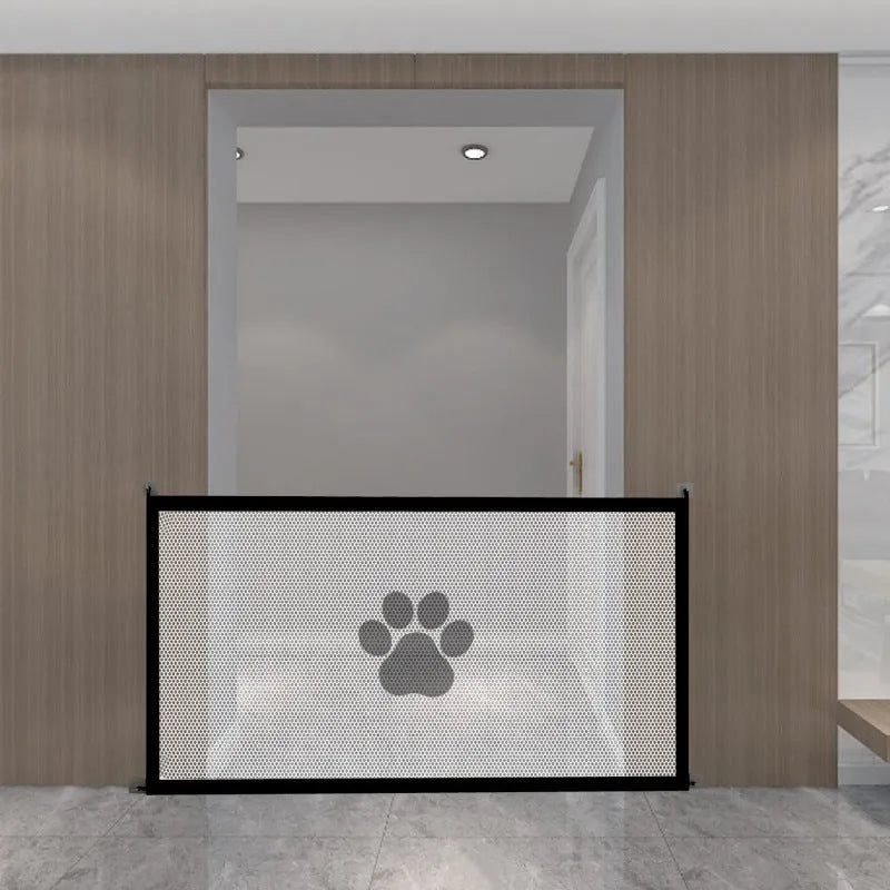 Portable folding dog barrier fence with plastic rod in black dog footprint door sill design