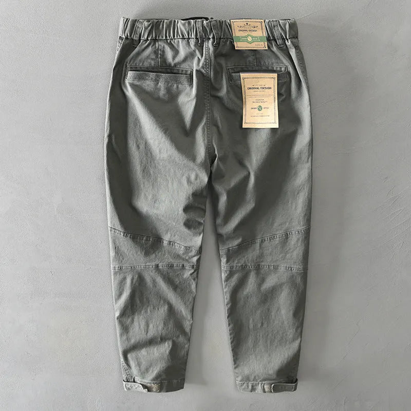 Men's khaki cotton elastic waist loose fit casual overall trousers