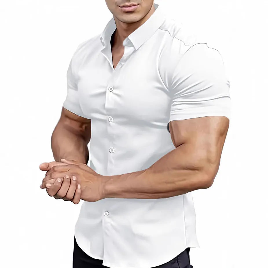 Men's short sleeve collared casual shirt in polyester, available in brown, blue, khaki and other colours.