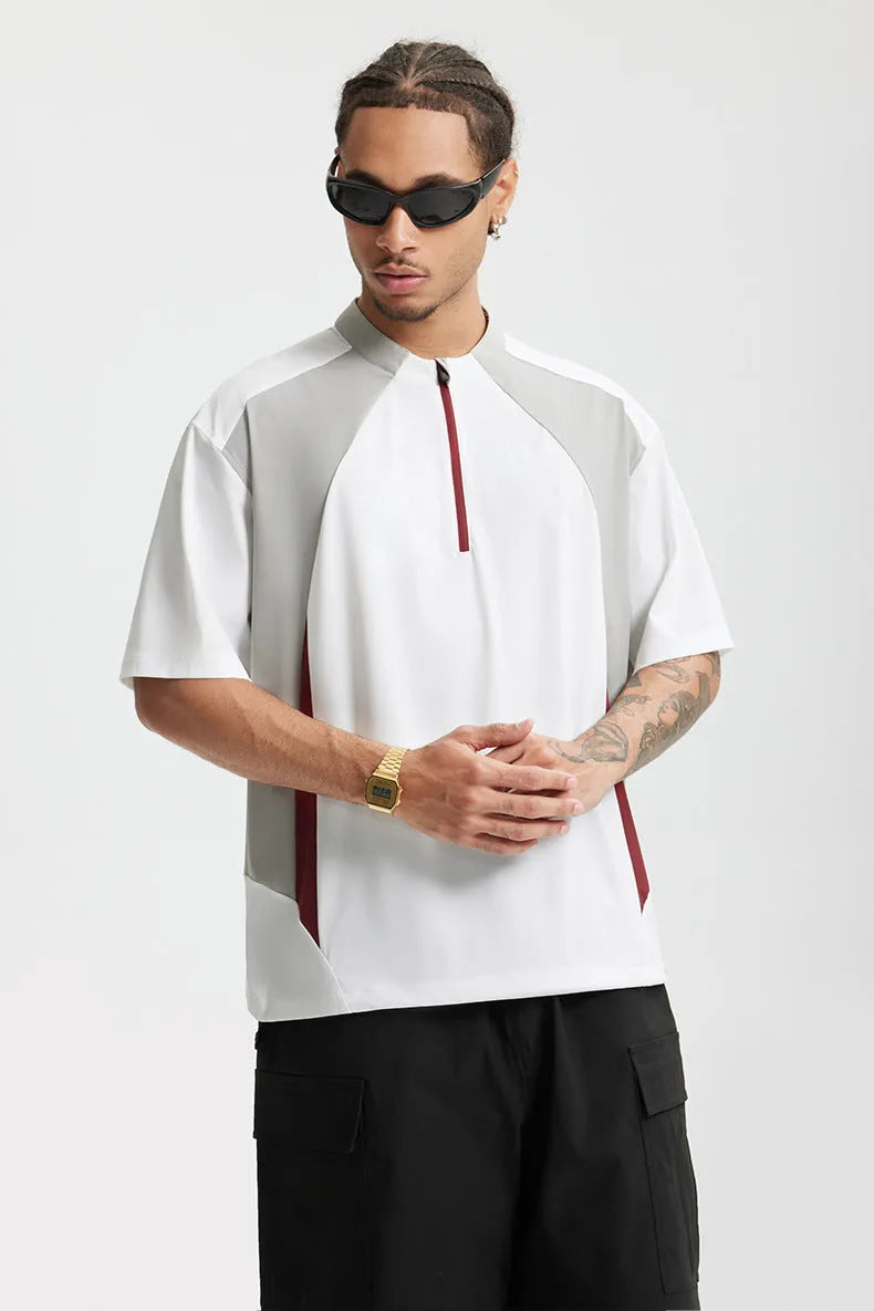 Men's lightweight stitching casual top in black and beige, available in long sleeve and short sleeve styles.