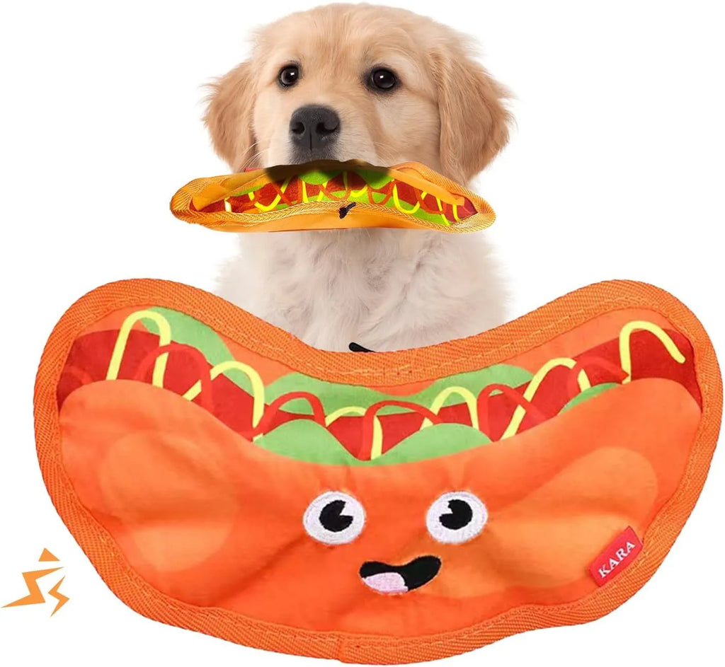 Hamburger-shaped crinkle dog toy with dual squeaker and crinkle sound, no stuffing