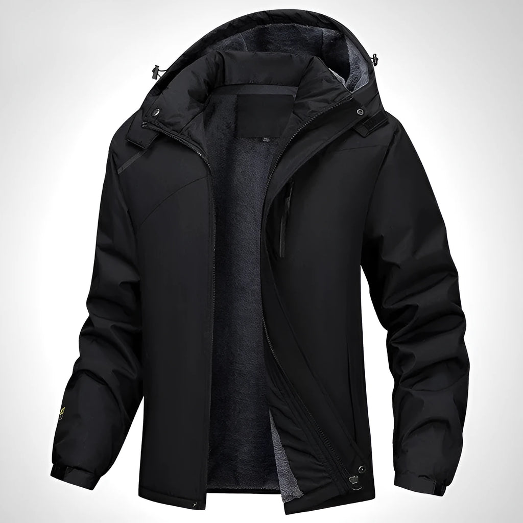 Plus size men's black waterproof hooded winter coat on a hanger.