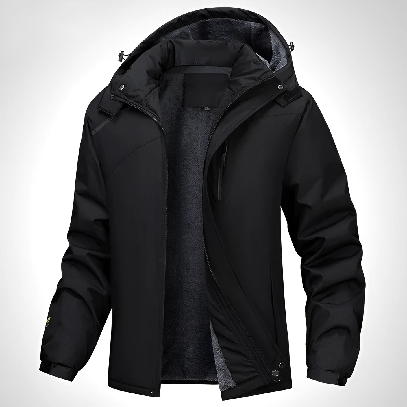 Plus size men's black waterproof hooded winter coat on a hanger.