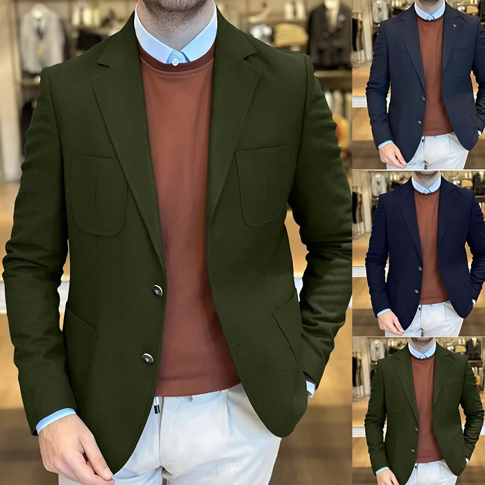 Men's loose-fitting cotton casual suit jacket in a solid colour on a hanger