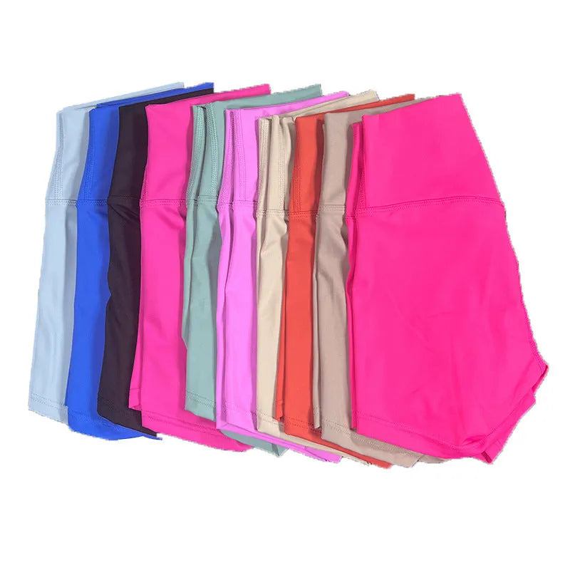 Women's high-waisted yoga shorts in nylon fabric, shown in multiple colours including black and pink litchi.