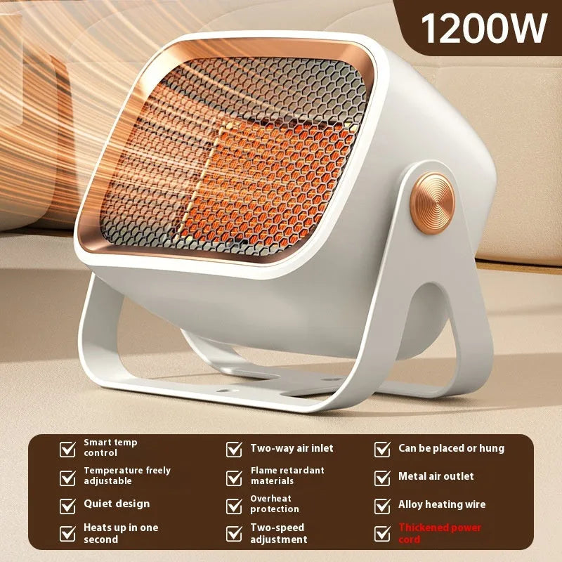 White desktop electric fan heater with push-button controls and a rotatable base on a wooden table.
