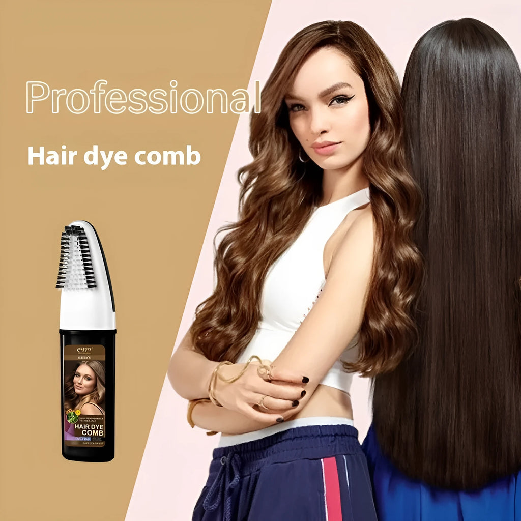 Permanent hair dye kit bottle with attached comb applicator in brown, wine red, or dark brown shade.