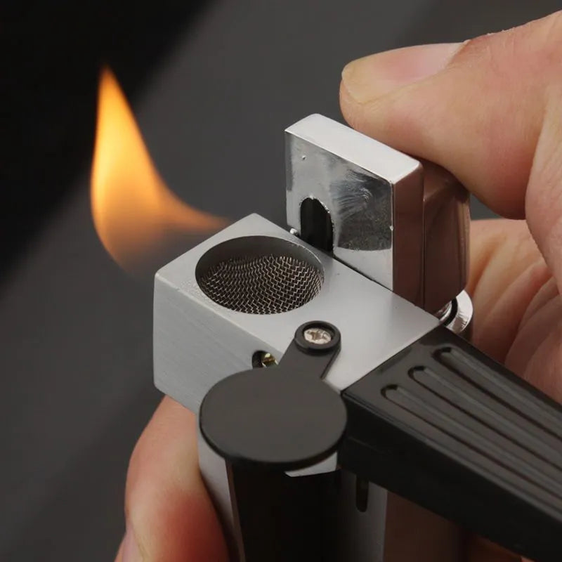 Foldable pipe lighter in No.1 silver square cover with metal flap closed, 9.2cm length, zinc alloy body