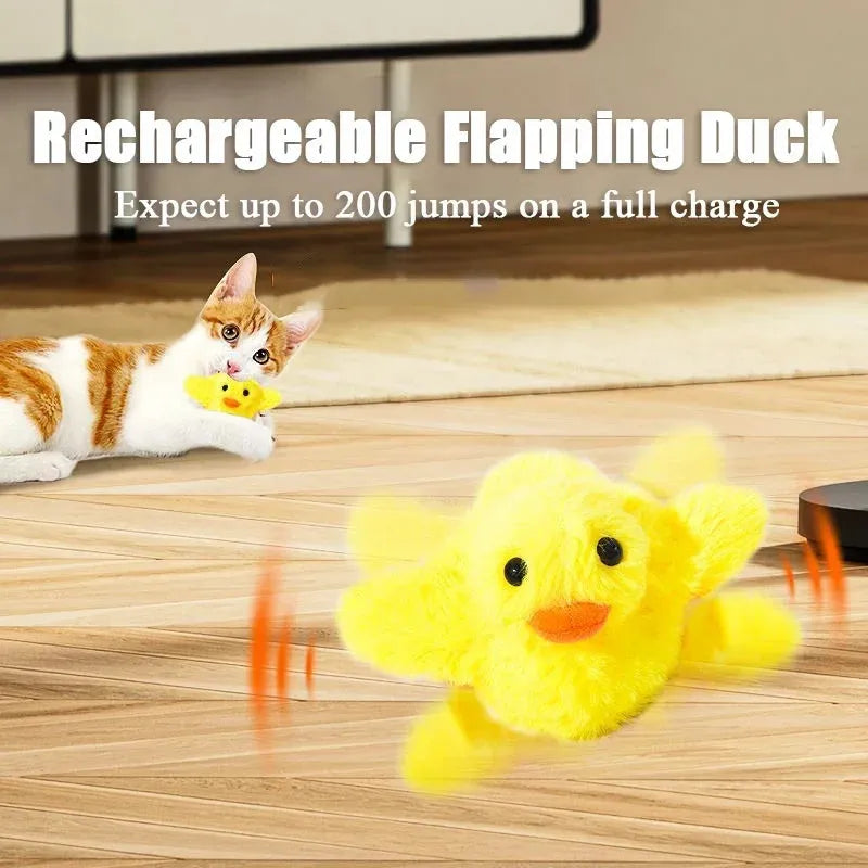 Yellow flapping duck cat toy with vibration sensor and USB charging cable