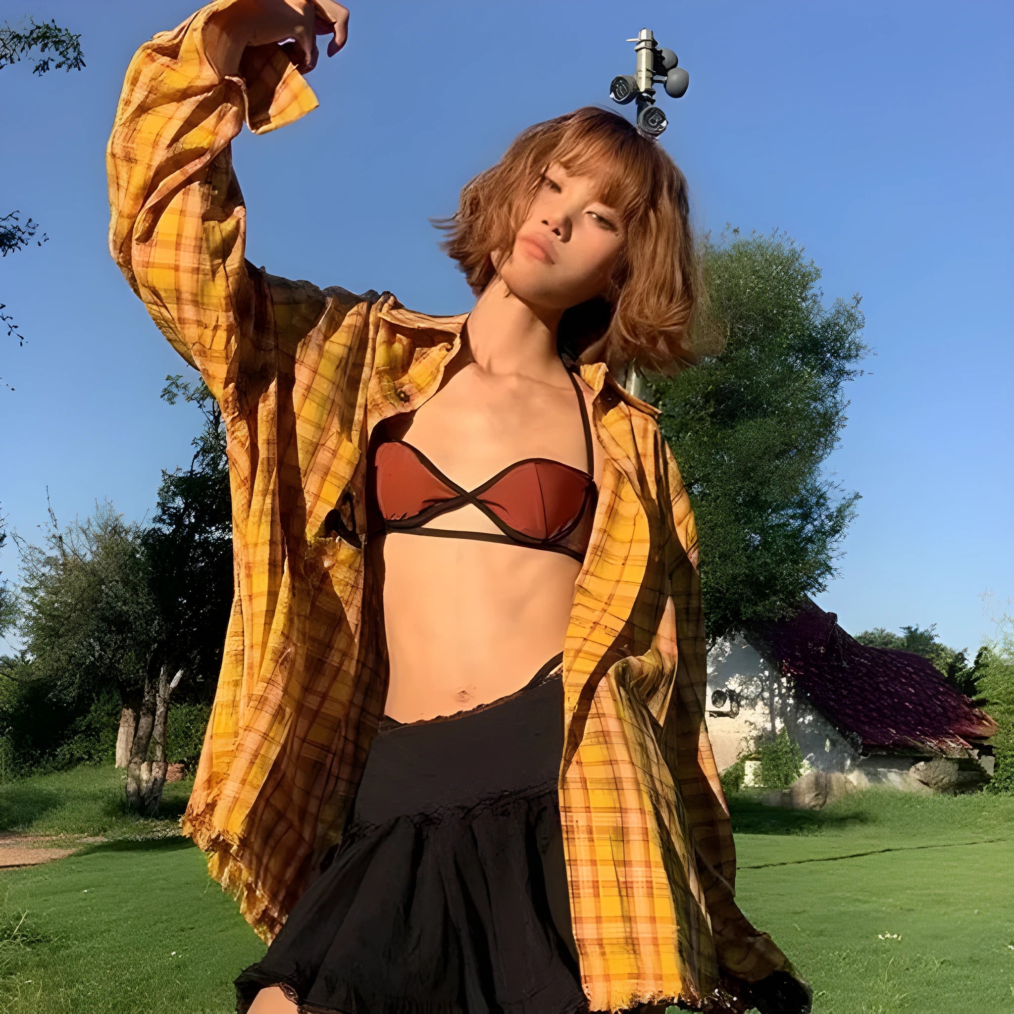Dopamine yellow plaid shirt in loose cardigan style with polyester fabric
