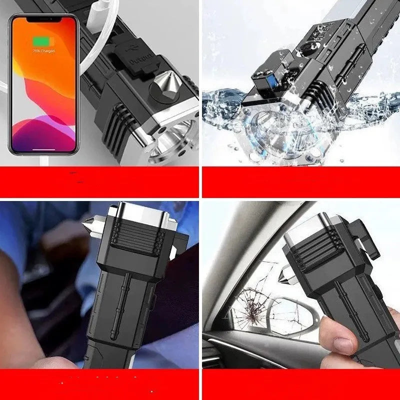 Silver plastic portable LED flashlight with integrated USB power bank charging port.