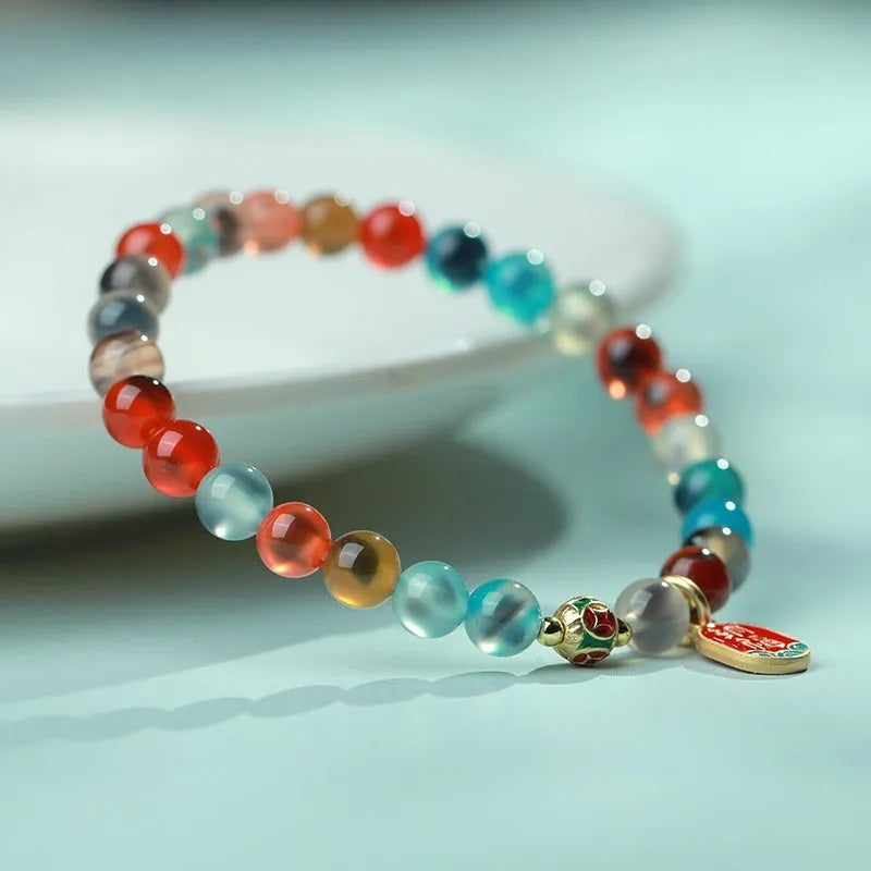 Natural agate bracelet with coloured glaze and copper coin details, women's size, 6mm and 8mm beads, handmade