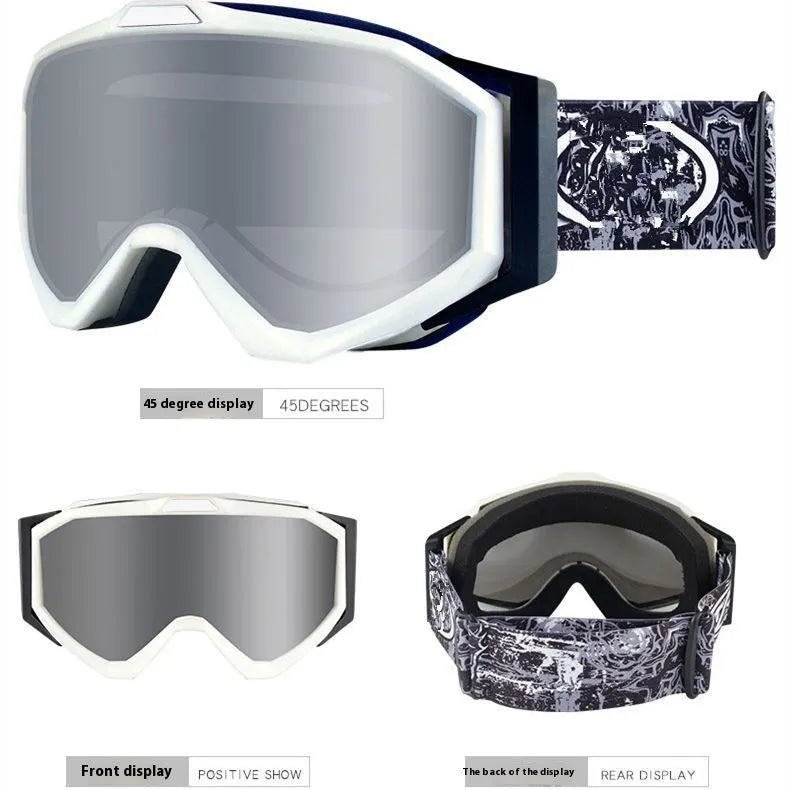 Motorcycle goggles with double layer anti-fog lenses in a black frame with grey film, shown with a storage cloth bag.