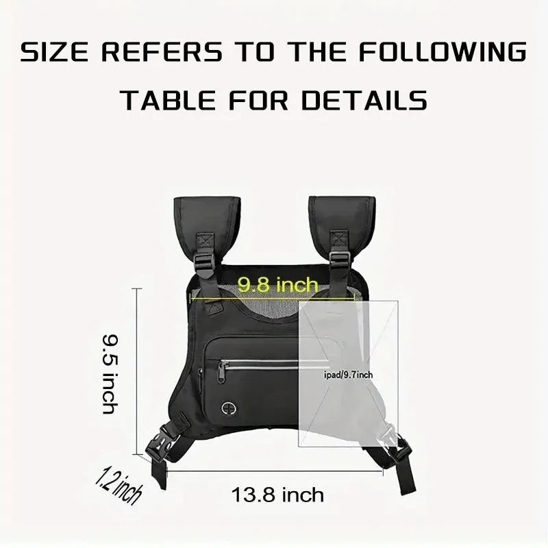 Black adjustable reflective polyester chest bag for running and cycling with multiple compartments and orange lining
