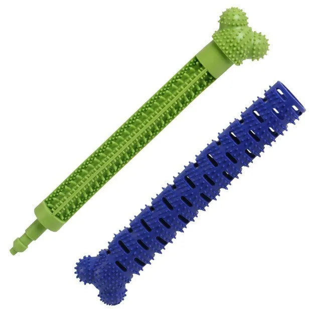 Blue green dog dental cleaning toy with silicone bristles and rope core measuring 25 cm