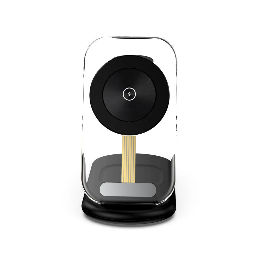 Transparent folding magnetic wireless charger showing internal components with QC3.0 fast charging