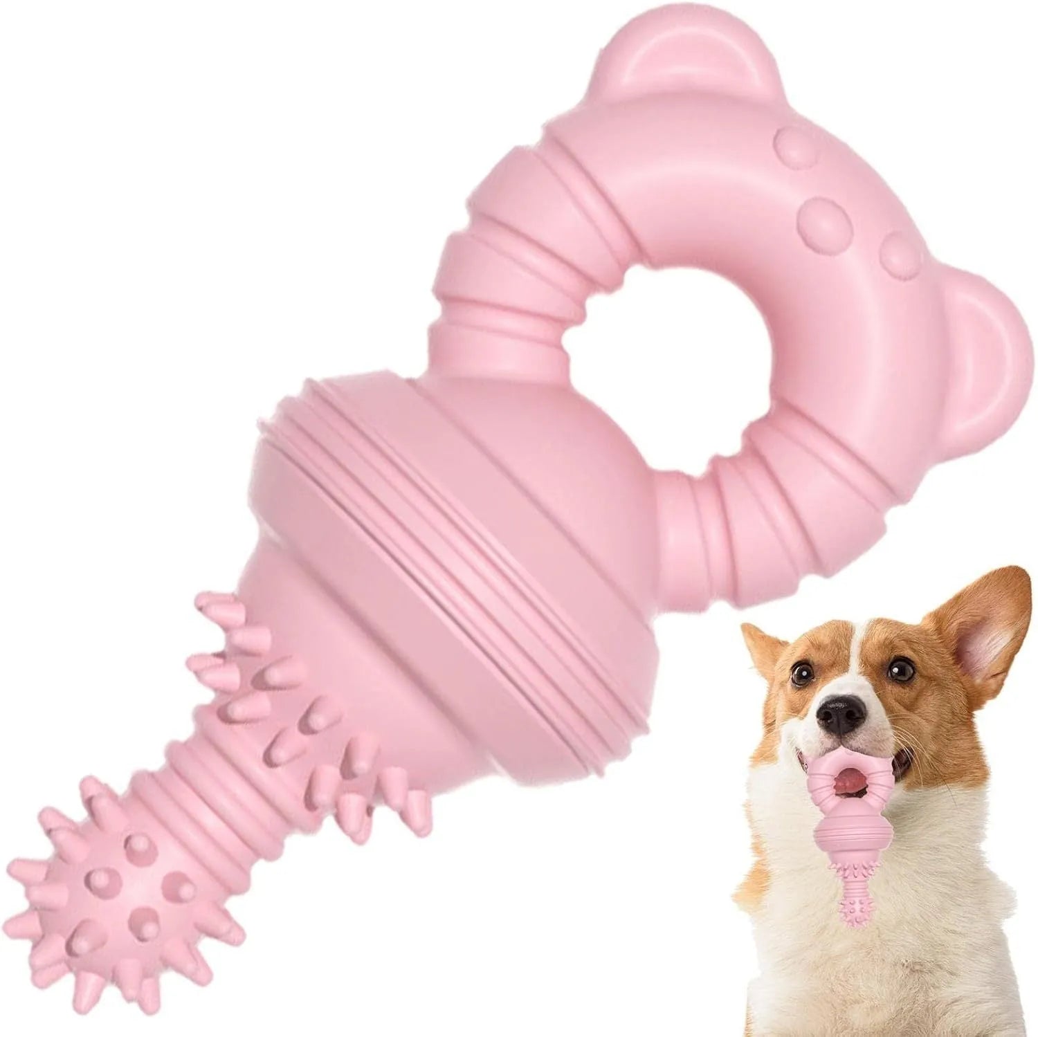 Blue rubber dog chew toy with molar cleaning texture, shown next to a measuring tape indicating 13.5cm size.