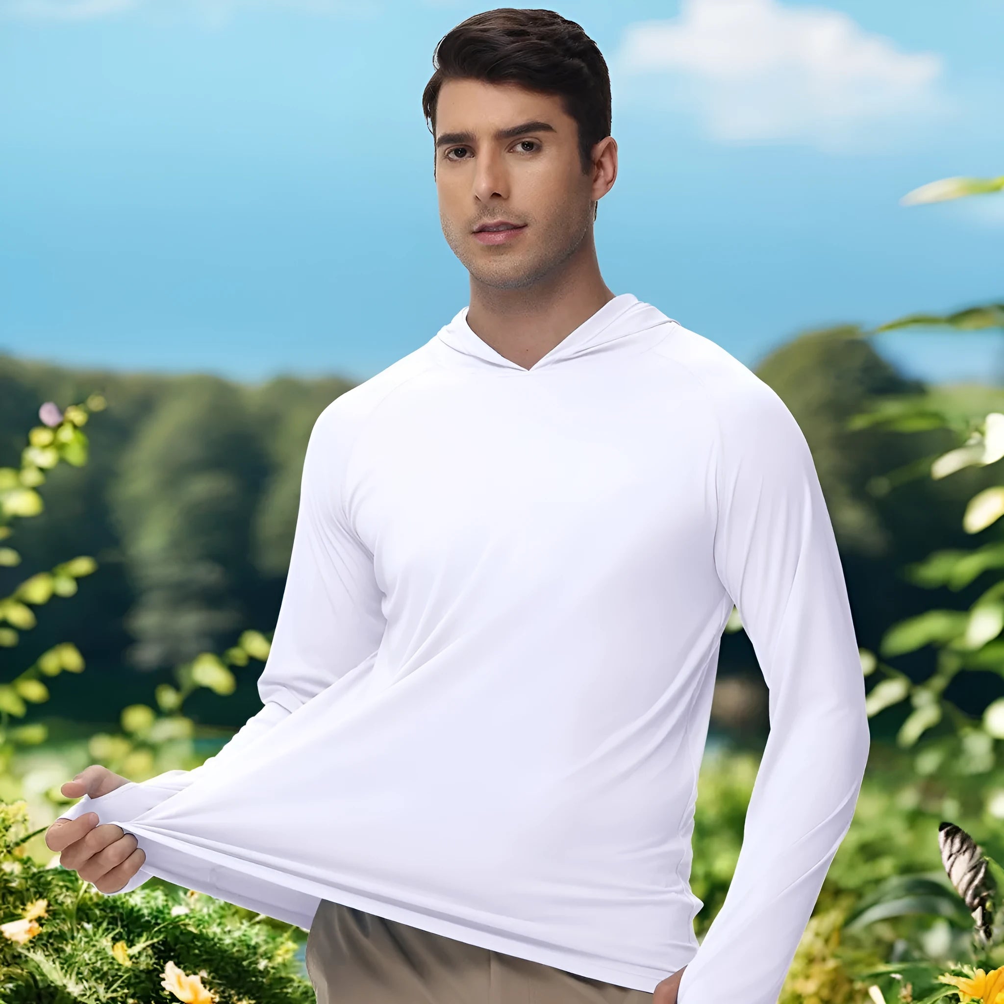 Outdoor UV-proof long sleeve hooded top in solid colour for fishing and hiking