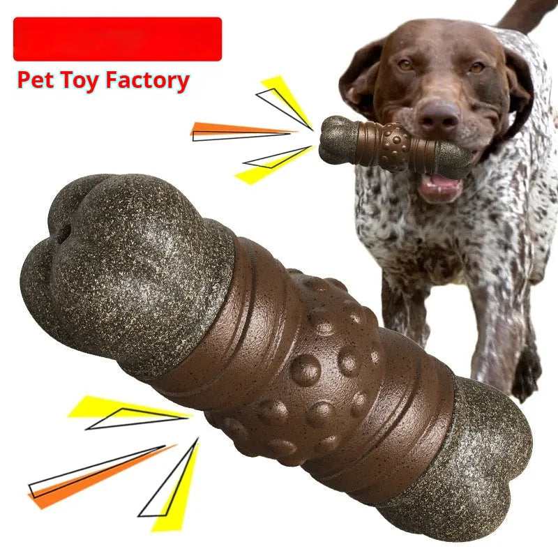 Wood-coloured plastic bone-shaped dog toy with textured molar rod design for chewing and teeth cleaning.