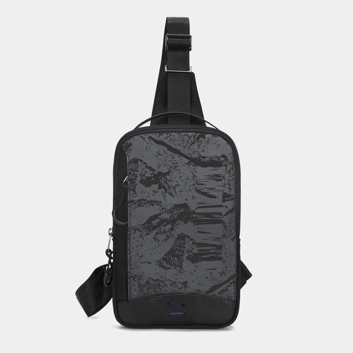 Black camouflage pattern chest pack with waterproof TPU material and square vertical shape for street style daily wear