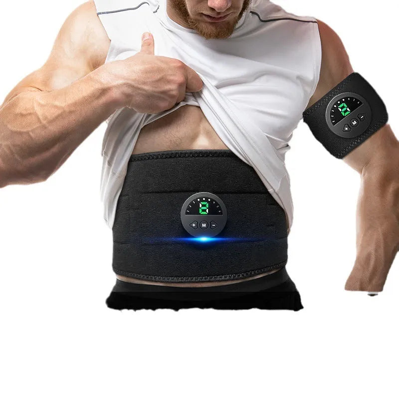 Display screen style electronic fitness belt for waist shaping, shown with USB cable.