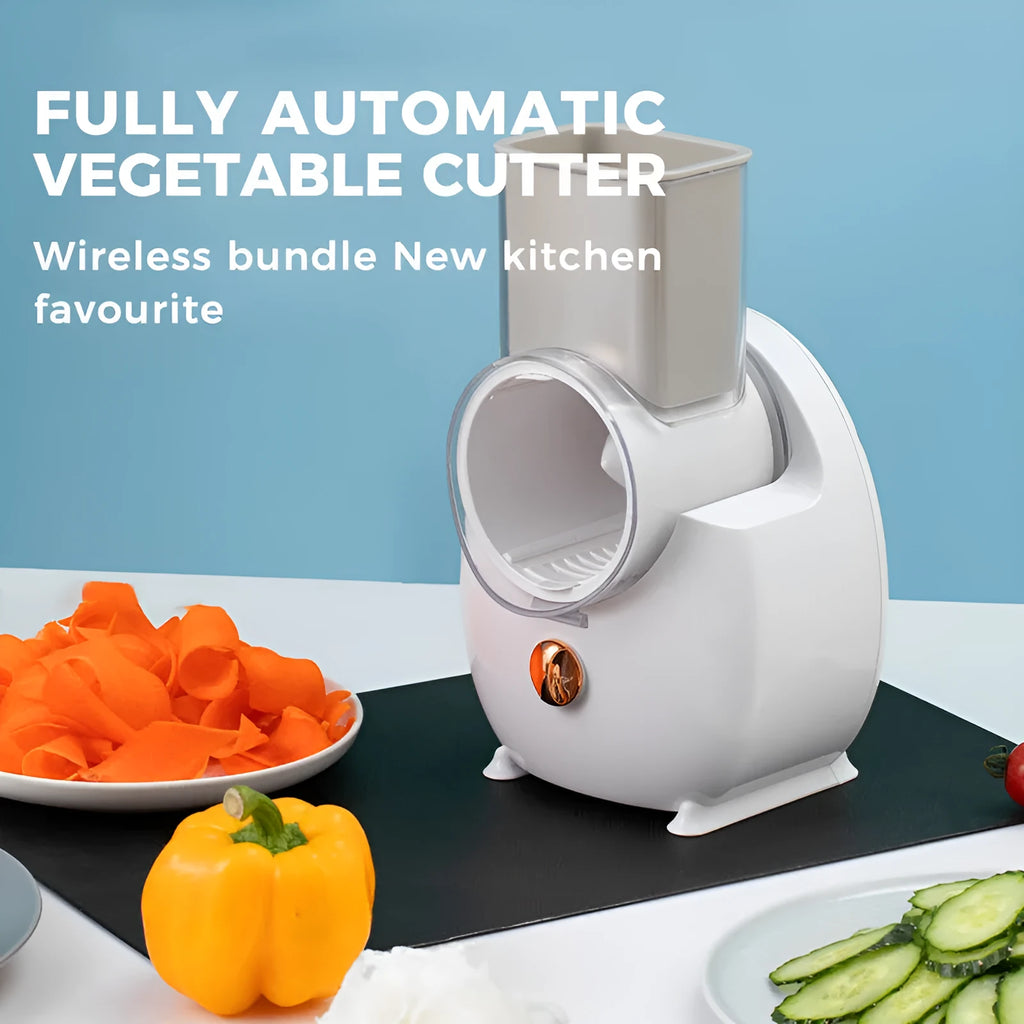 White electric vegetable slicer with suction base and multiple blades for cutting potatoes and carrots