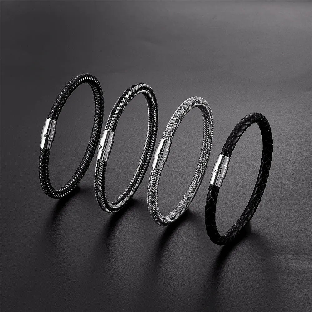 Titanium steel geometric wire bracelet with magnet socket closure in silver tone.