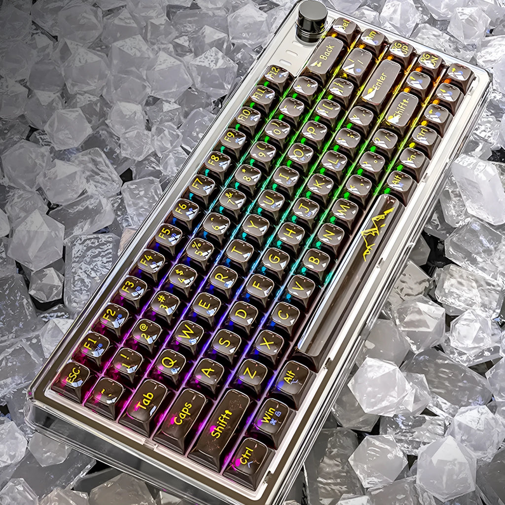 Attack Shark K75 RGB transparent mechanical keyboard showing lighting through polycarbonate housing
