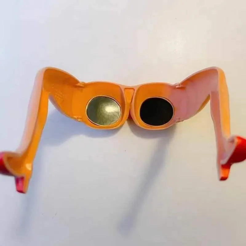 Orange novelty sunglasses with a leg and hip design theme and large rectangular lenses.